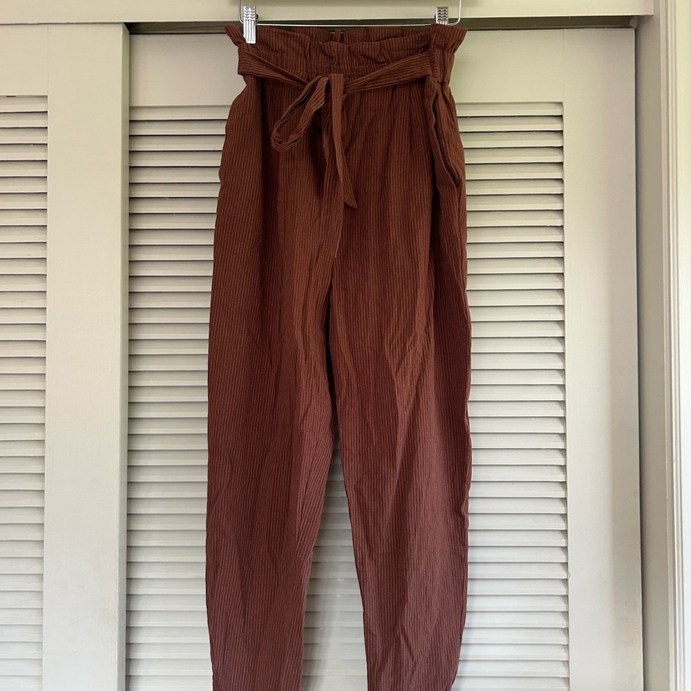 High-Waisted Paperbag Tie-Waist Pants - Brown